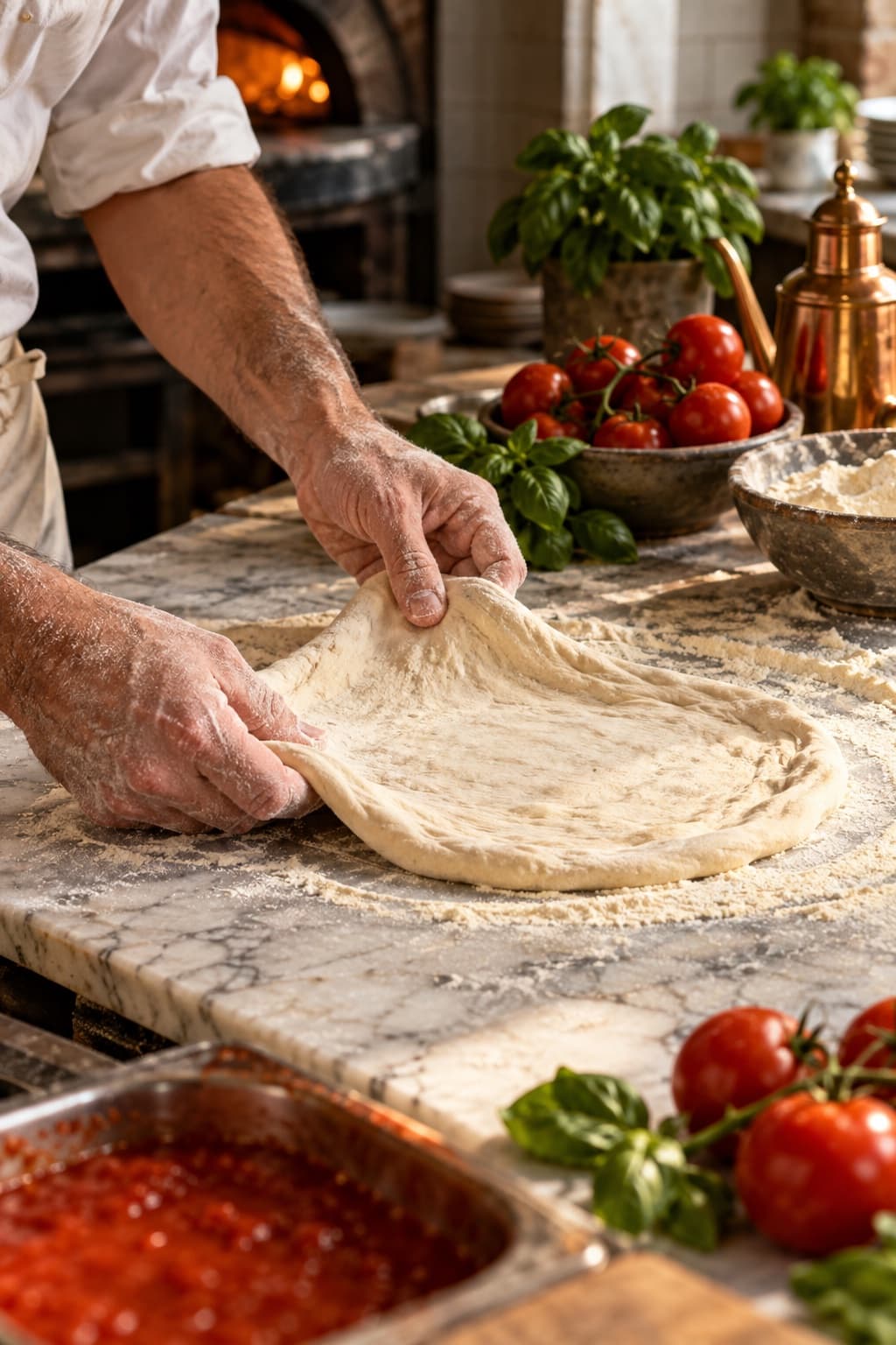 Handen bereiden vers pizzadeeg — tijdelijke sfeerfotografie