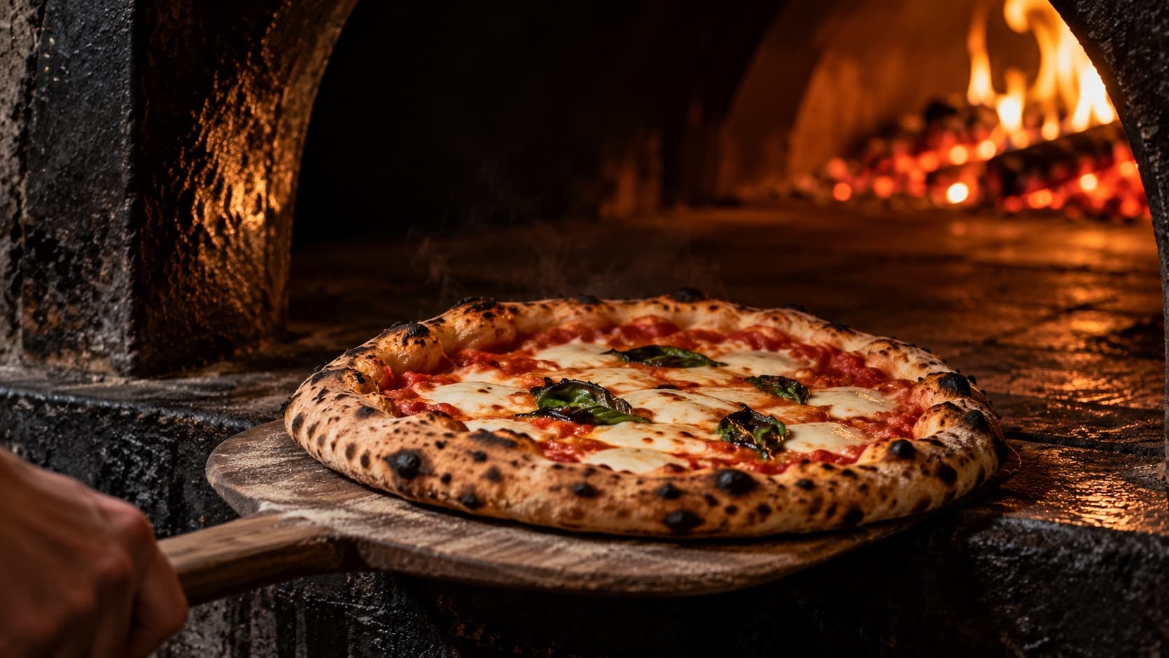 Verse pizza bij een warme steenoven — tijdelijke sfeerfotografie